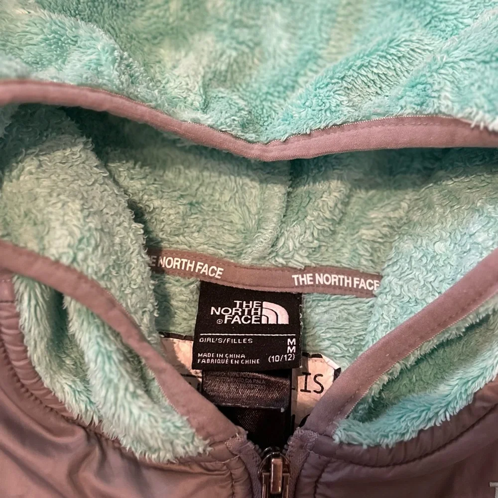 The North Face Kids Aqua Blue and Gray Fleece Hooded Full Zip Jacket, Size 10/12